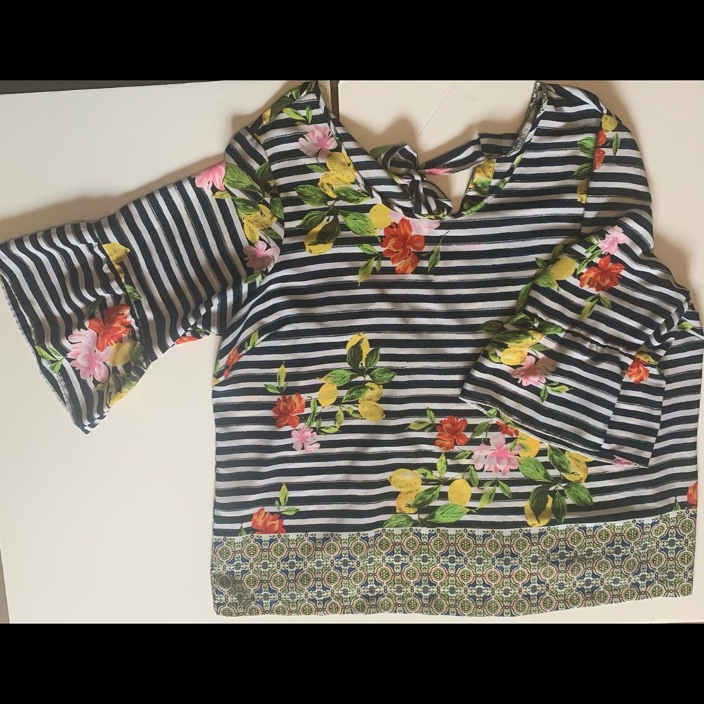 Blue and white striped blouse with lemon floral print.  Shirt Bell sleeves
